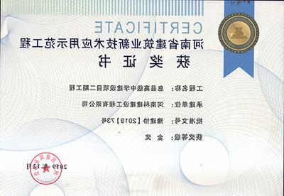 河南省建筑业新技术应用示范工程获奖证书